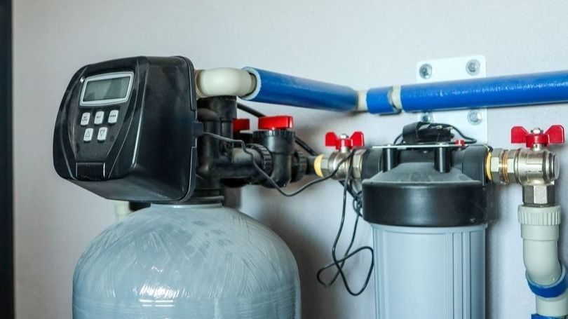 Water filtration system with a digital control panel, a large blue pressure tank on the left, and a vertical filter housing on the right connected to red valve handles.