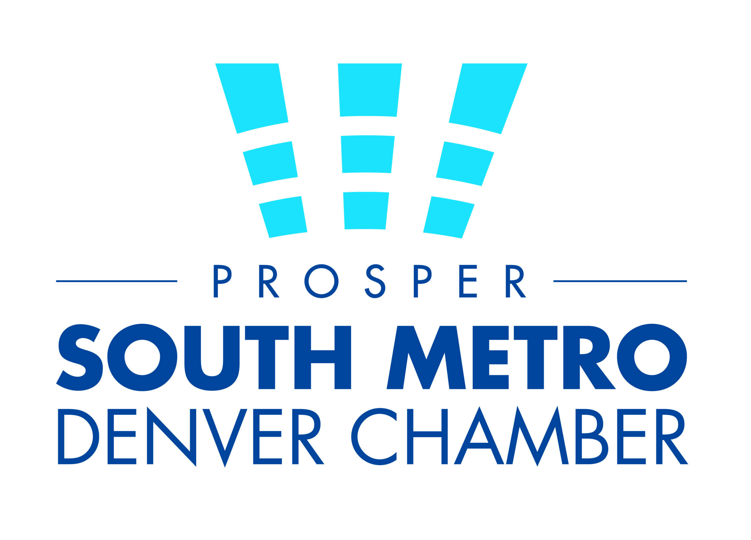 South Metro Denver Chamber logo with blue text and teal abstract marks above