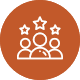 Group of people icon with stars around it, representing a team or community